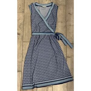 Max Studio XS Sleeveless Faux Wrap Midi Dress Blue Geometric Print
